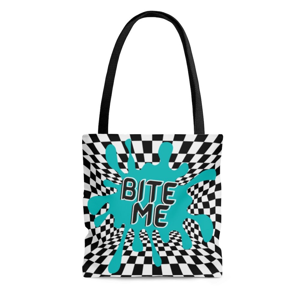 Bite Me Tote Bag | retro | checkerboard shirt | paint splatter tote bag | Rave | Goth | alternative | Tumblr Tote | trendy Bag | 80's Punk