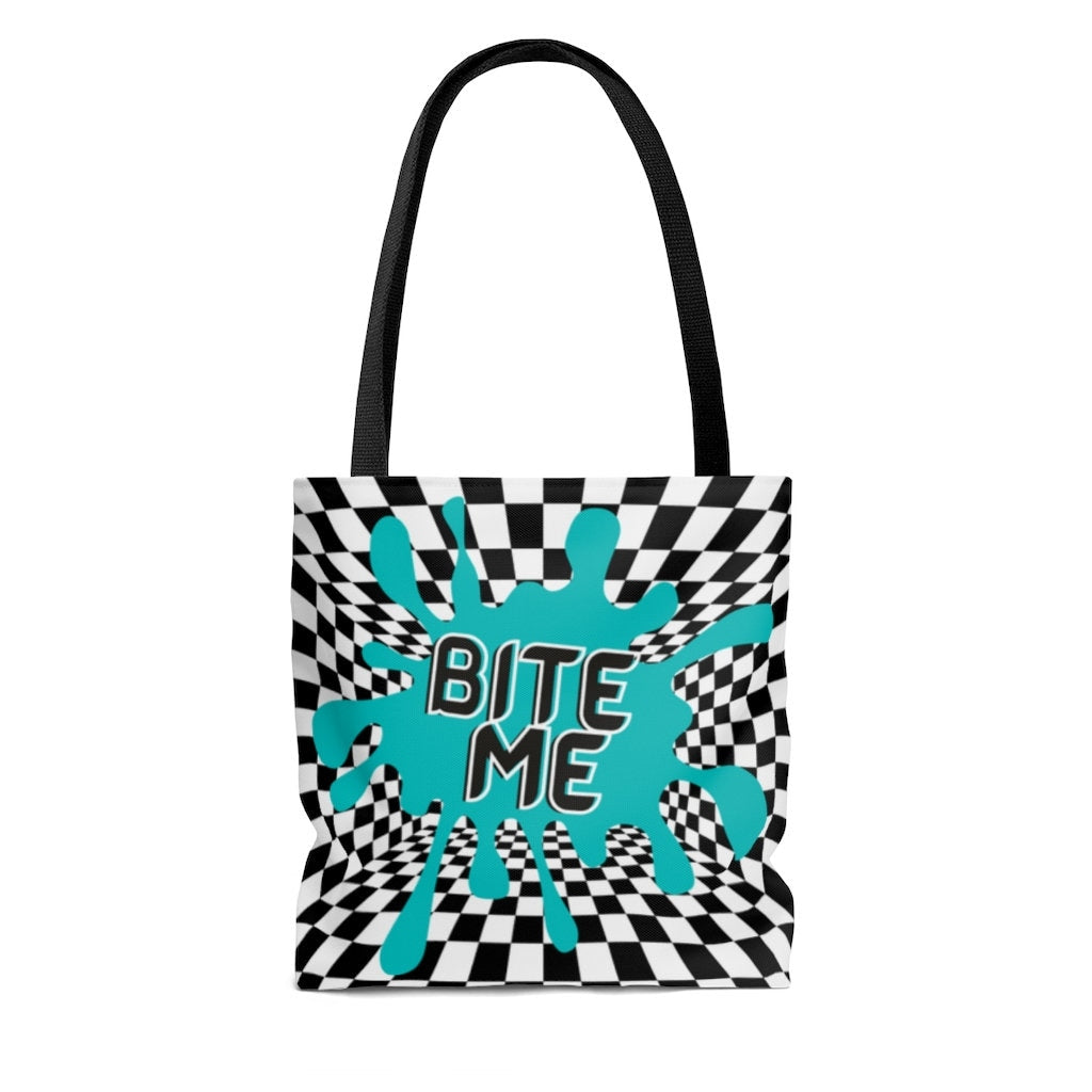 Bite Me Tote Bag | retro | checkerboard shirt | paint splatter tote bag | Rave | Goth | alternative | Tumblr Tote | trendy Bag | 80's Punk