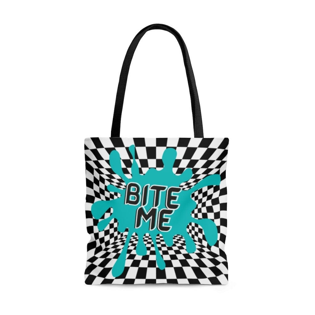 Bite Me Tote Bag | retro | checkerboard shirt | paint splatter tote bag | Rave | Goth | alternative | Tumblr Tote | trendy Bag | 80's Punk