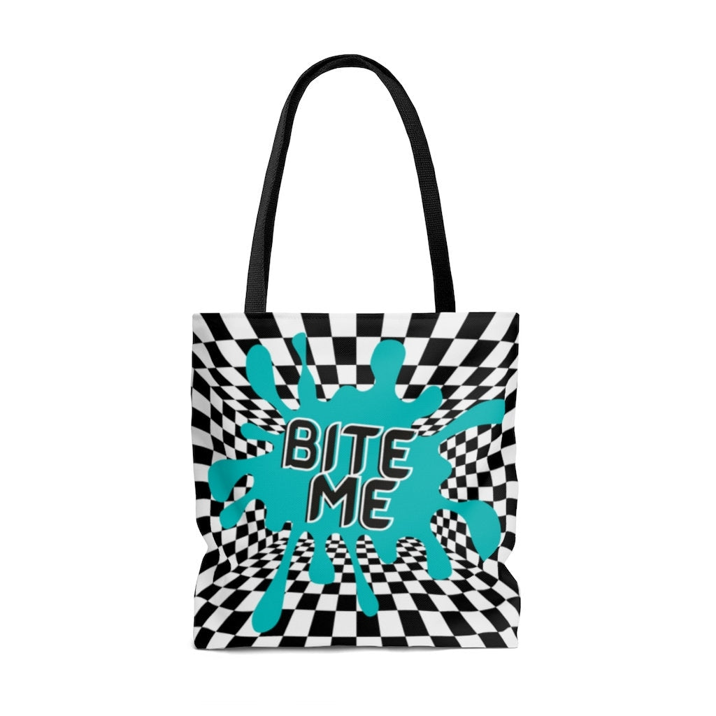 Bite Me Tote Bag | retro | checkerboard shirt | paint splatter tote bag | Rave | Goth | alternative | Tumblr Tote | trendy Bag | 80's Punk