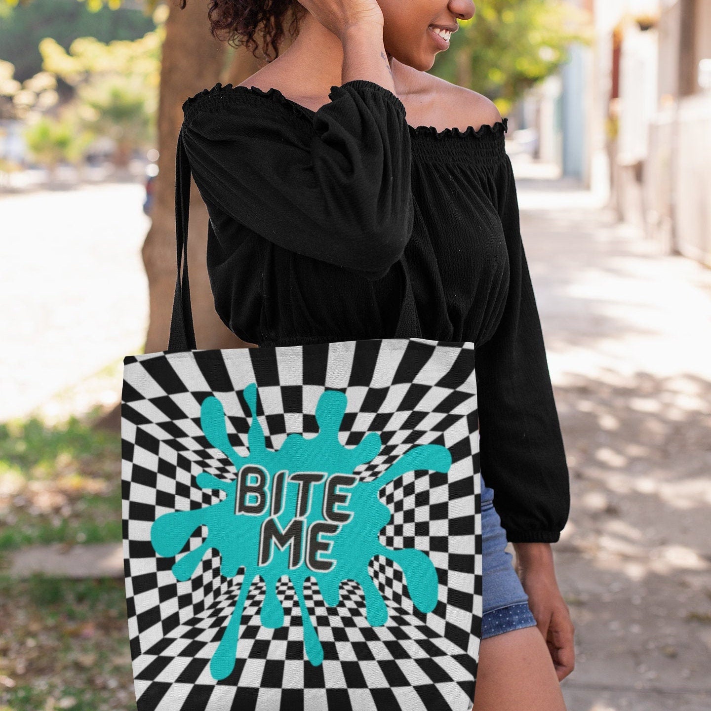 Bite Me Tote Bag | retro | checkerboard shirt | paint splatter tote bag | Rave | Goth | alternative | Tumblr Tote | trendy Bag | 80's Punk